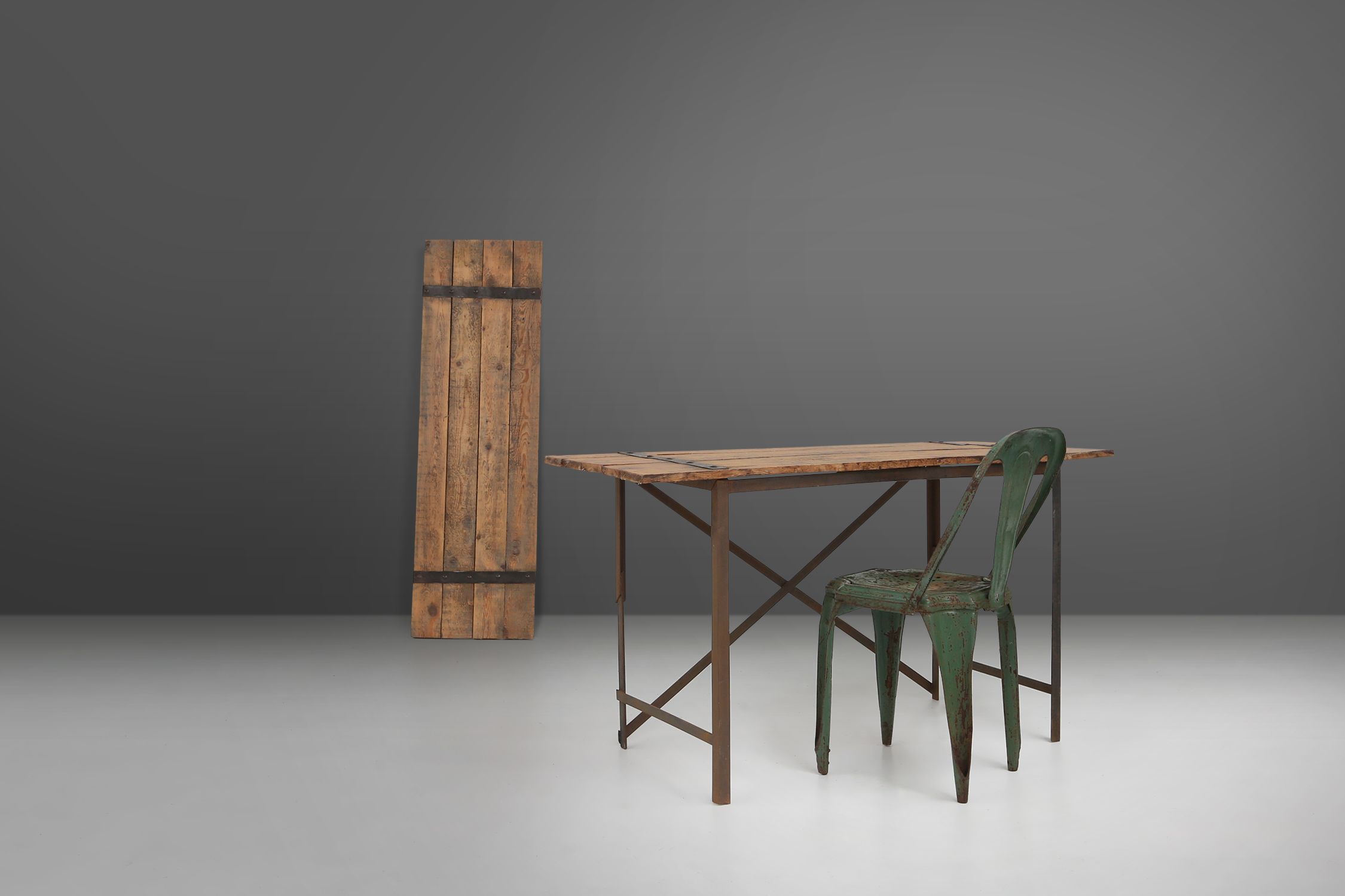 Industrial side tables with metal frame and wooden top and removable platform, Belgium, 1920thumbnail